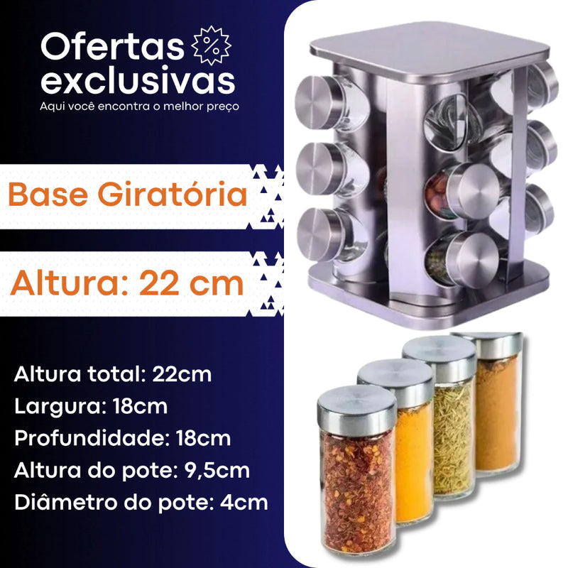 Porta Tempero Giratório Inox 12 Potes Com Suporte Giratorio