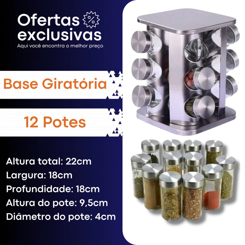 Porta Tempero Giratório Inox 12 Potes Com Suporte Giratorio