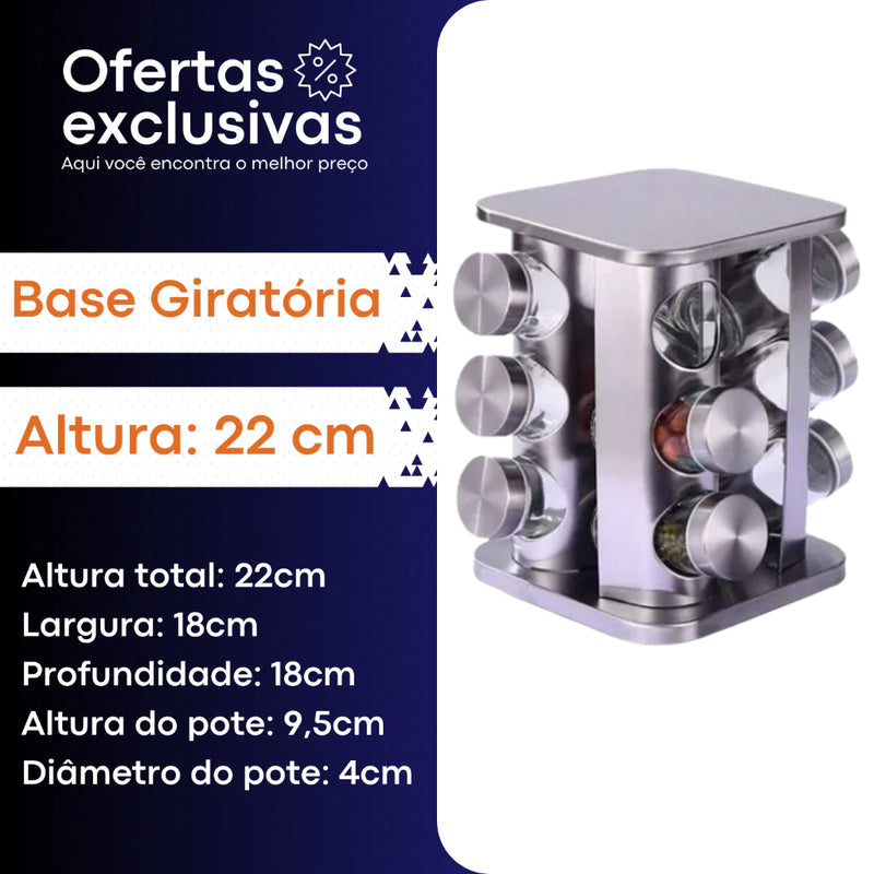 Porta Tempero Giratório Inox 12 Potes Com Suporte Giratorio