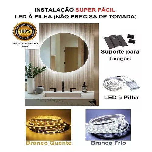 Espelho Orgânico Com Led S/ Fio 80*90 Pilha Luz Fria Ou Luz Quente amarela decorativa